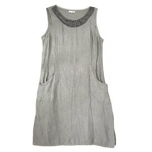 Lina Tomei Linen Gray Dress Beaded Neckline Boho size S